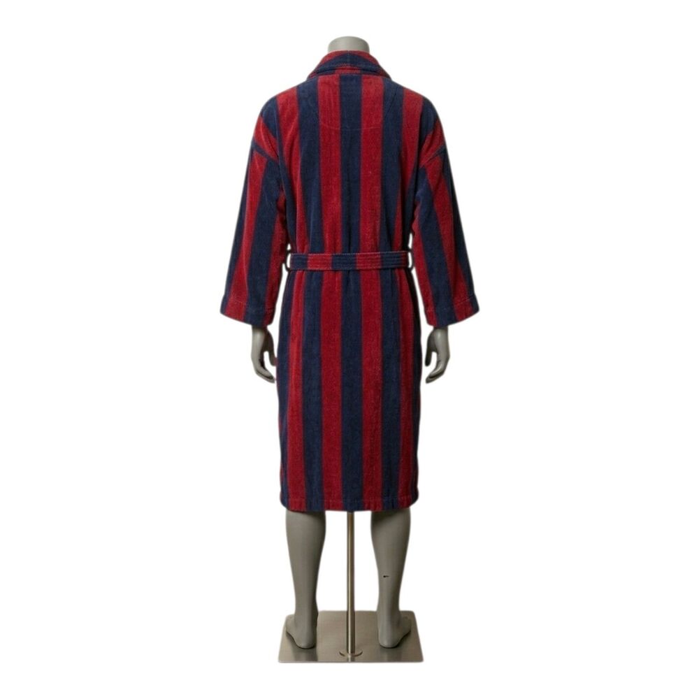 Vintage Nautica Long Robe Mens Heavyweight Terry Cloth Striped Red Navy Blue - Picture 2 of 8